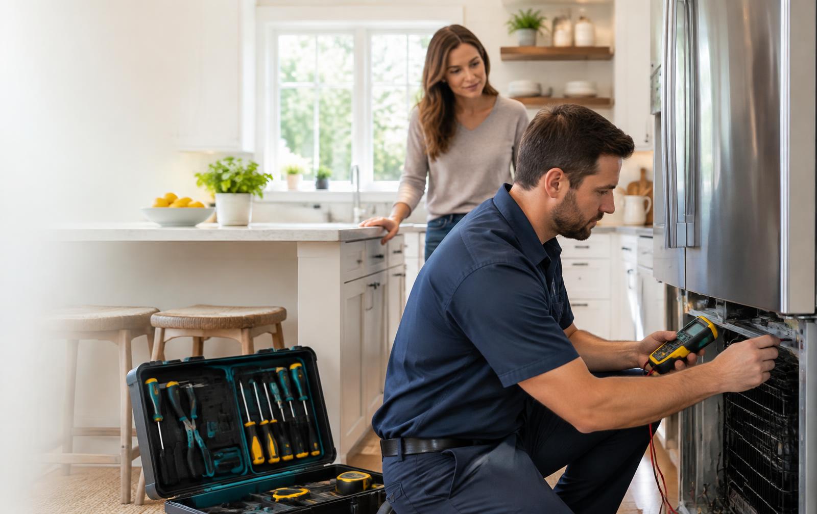 Appliance technician diagnosing a refrigerator in a home kitchen